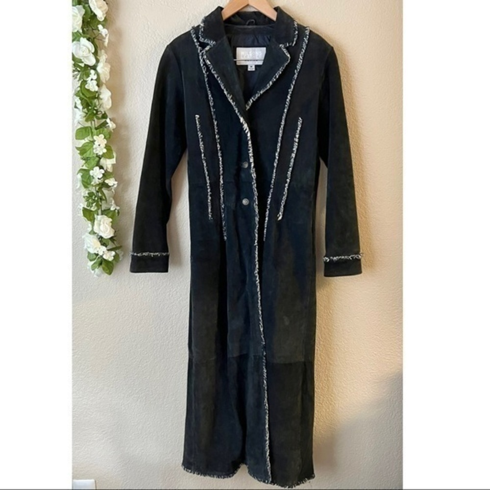 Wilsons Leather Maxima Dark Blue Women’s Leather Suede Fringe Trench Coat